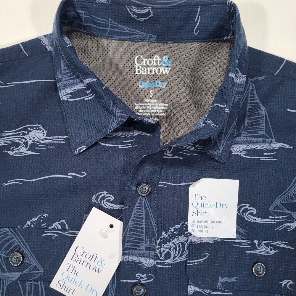 Croft & Barrow Quick Dry Men's Small Blue‎ Sailboats Vented Short Sleeve Shirt